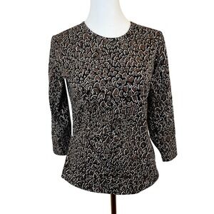 J.McLaughlin Women's Animal Print Round Neck Black/Brown 3/4 Sleeve Shirt Size S